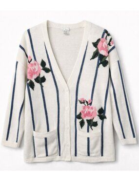 Women's Vintage 80s Rose Ramie Cardigan Size‎ M Sweater Cottagecore Grandmacore